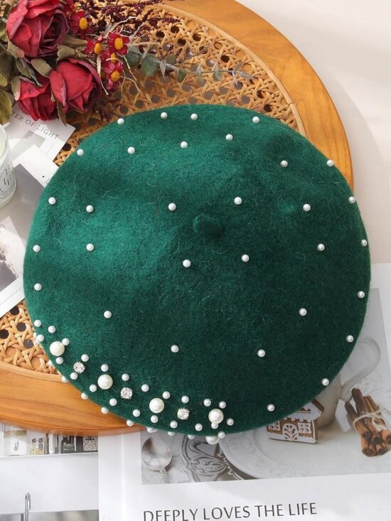Women\'s Classic French Wool Beret Pearl & Rhinestone Embellishment Hat Green